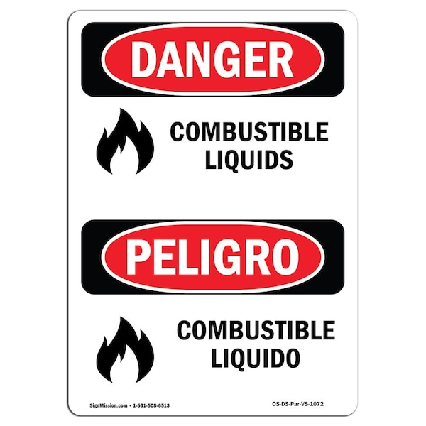 Safety Sign, OSHA Danger, 5" Height, Combustible Liquids Bilingual Spanish, 10PK